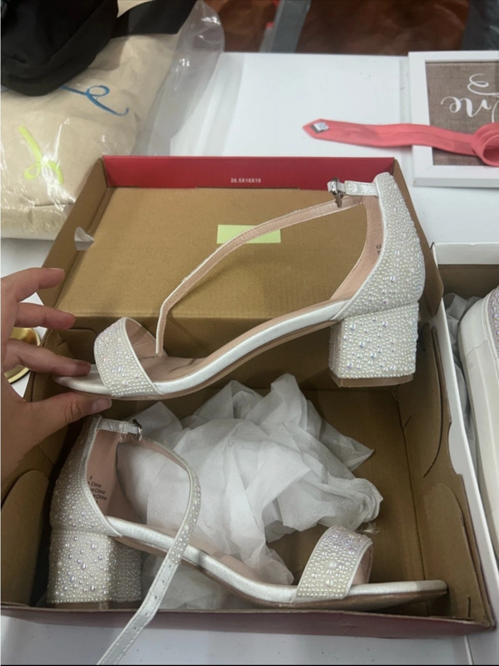 Women's White Pearl-Embellished Block Heel Sandals